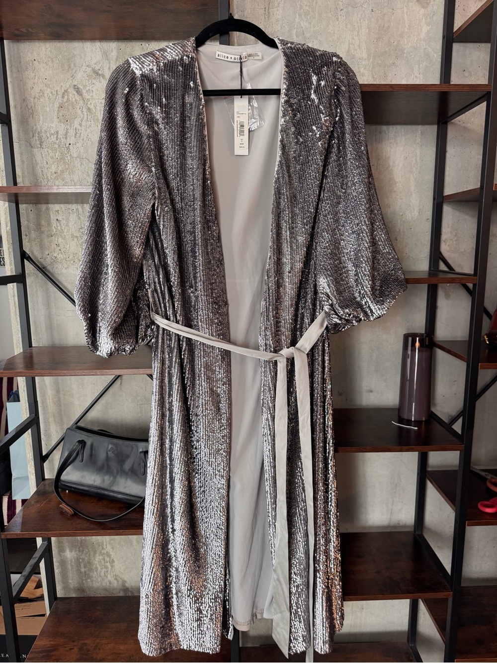 Alice + Olivia Silver Sequin Belted Long-Sleeve Dress NWT Size 6 MSRP $695
